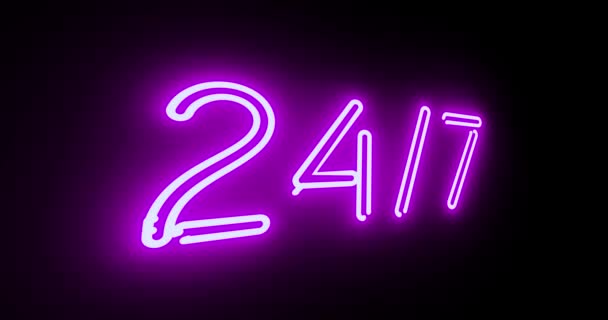 霓虹灯签署247显示业务打开和帮助可用 任何时间的商业求助台广告都意味着支持任何一小时 — 图库视频影像