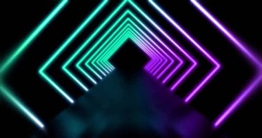 Neon ışıkları, gelecekteki teknolojiyi temsil eden soyut desenleri temsil ediyor. Geometrik retro koridor veya geçiş - 4k