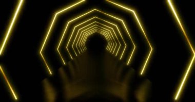 Neon ışıkları ya da parlayan sekizgen soyut ışıklar. Sanal bir giriş ya da siber uzaya geçiş - 4k