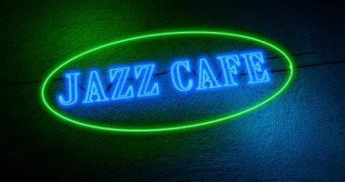 Jazz Cafe tabelası müzikal bar eğlencesinin girişini gösteriyor. Canlı müzik ve bar için neon tabela - 4K