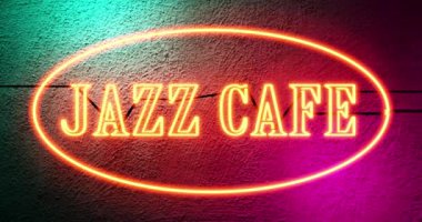 Jazz Cafe tabelası müzikal bar eğlencesinin girişini gösteriyor. Canlı müzik ve bar için neon tabela - 4K