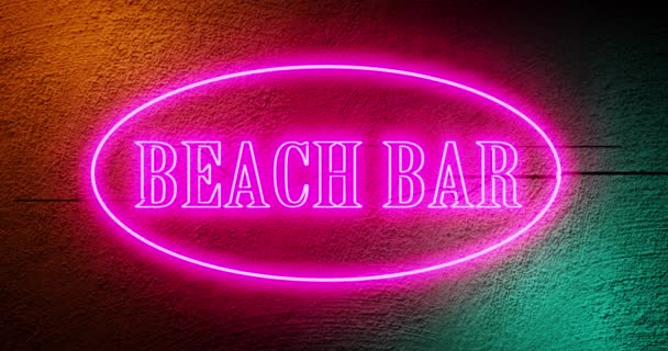 Plaża Bar Napis Neon Grafika Oświetlone Oznacza Letni Bar Restauracja — Wideo stockowe