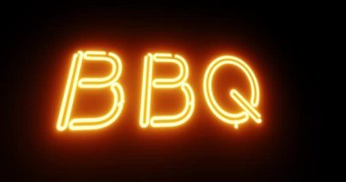 Barbekü neon işareti, kızarmış ızgara yemek anlamına geliyor. Pirzola ya da biftekten yapılan sıcak parti yemeği - 4K