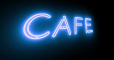 Kafe neon ışığı, lokantada yemek olduğunu gösteriyor. Kahve reklamı ya da kahvaltı barı - 4K