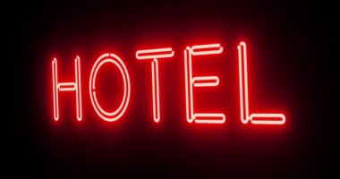 Misafir odasının üstündeki otel neon tabelası. Tatil veya tatil pansiyonunda konaklama olanağı - 4k