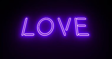 Gece kulübü ya da masaj için aydınlatılmış neon ışıklı reklamlarda aşk işareti. Parlak mesaj veya floresan işareti - 4k