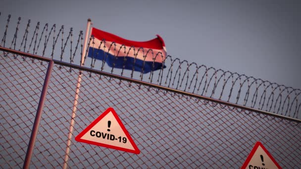 2019年のオランダでのコロナウイルスのパンデミック Coid19細胞と旗 病気のオランダの発生とCovid 19死 3Dアニメーション — ストック動画