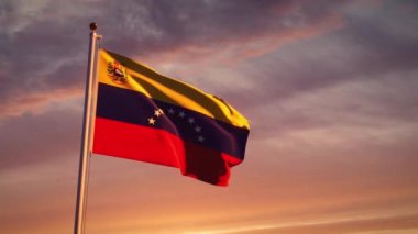 Venezuela bayrağı gün batımında rüzgarda sallanıyor. Venezuela bayrak direği onuruna dalgalanıyor - 3D animasyon