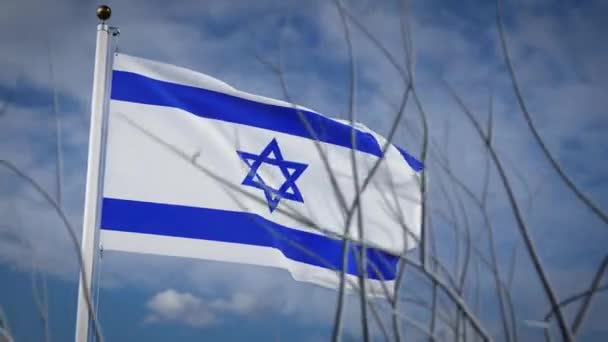 Israel Flag Waving Blue Sky Summer Israeli Windy Flagpole Victory — Stock Video