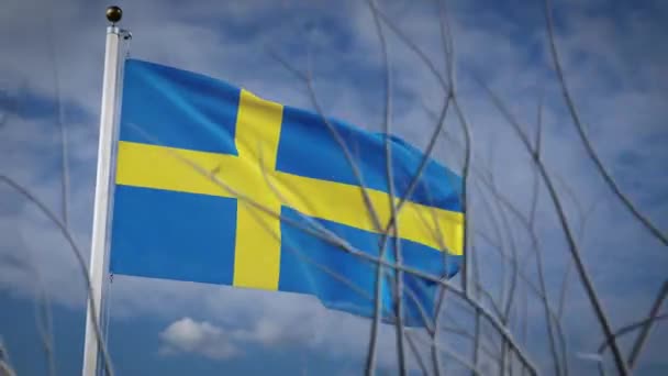 Sverige Flagga Viftar Med Blå Himmel Sommaren Svensk Blåsig Flaggstång — Stockvideo