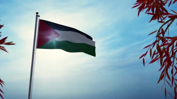 Palestinaflaggan Flyger Genom Träd Med Sol Bakgrundsbelyst Palestinskt Emblem Flaggstången — Stockvideo