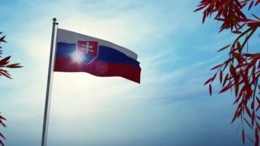 Slovakya bayrağı güneşli ağaçların arasında dalgalanıyor. Bayrak direğindeki arka ışıklandırılmış Slovakya amblemi özgürlüğü gösteriyor - 3D animasyon