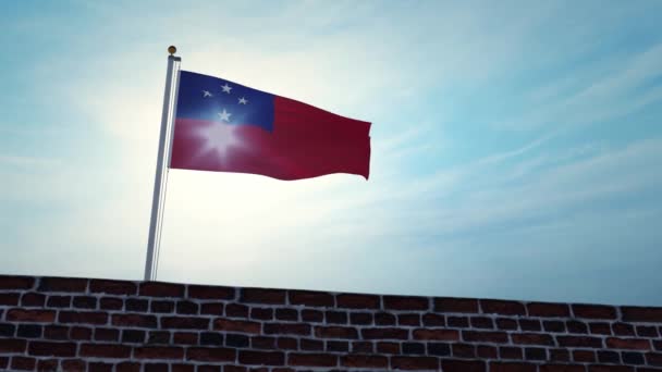Флаг Самоа Размахивает Флагштоком Над Стеной Самоанское Патриотическое Знамя Воинскую — стоковое видео