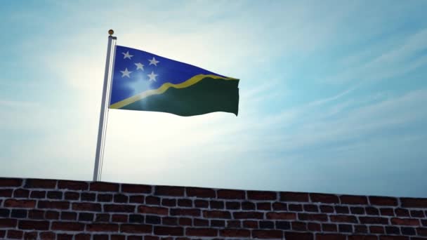 Флаг Соломоновых Островов Размахивающий Флагштоке Над Стеной Патриотическое Знамя Острова — стоковое видео