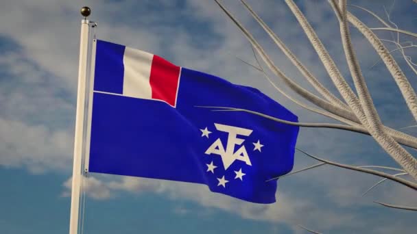 Francouzská Jižní Antarktická Vlajka Vlnící Modrou Oblohou Vichřice Pro Vítězství — Stock video