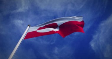 Bayrak direğinde dalgalanan Grönland bayrağı. Gökyüzündeki Grönland amblemi gurur gösteriyor - 3D video animasyonu