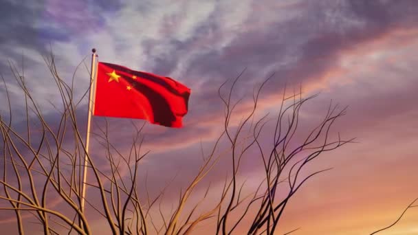 China Sunset Flag Waving Sky Dramatic Chinese Emblem Patriotic Independence — Stock Video
