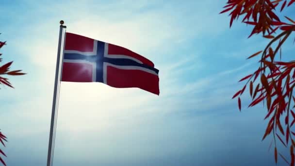 Bandera Noruega Ondeando Entre Árboles Con Sol Emblema Noruego Retroiluminado — Vídeos de Stock