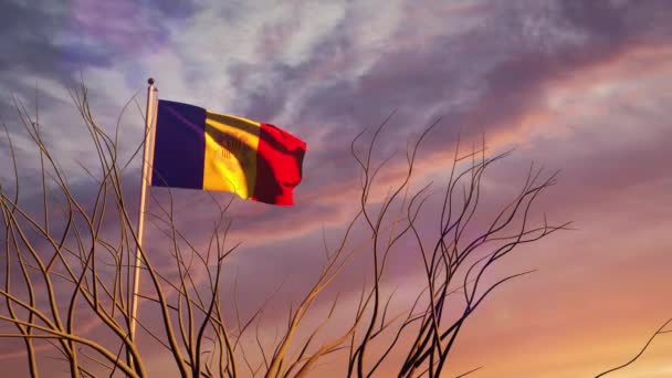 Прапор Андорри Летить Заході Сонця Махає Небом Андоррський Прапор Національної — стокове відео