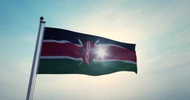 Kenya bayrağı gökyüzünde dalgalanıyor. Gün ışığında Kenya amblemi ve bayrak direğini sallamak - 3D video animasyonu
