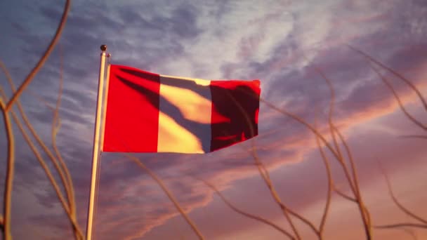 ペルーの旗は日没時に飛んで空に手を振っています ペルーの国旗 ビデオアニメーション — ストック動画
