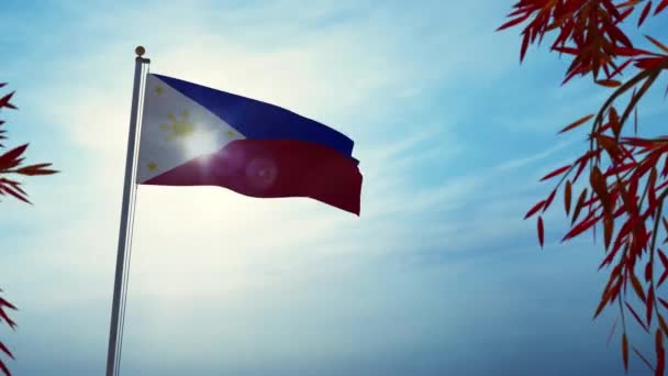 Filipinas Bandeira Voando Árvores Acenando Backlit Pilipinas Emblema Pólo Mostra — Vídeo de Stock