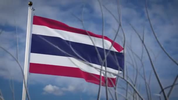 Thaiföld Zászlója Lobogott Napos Égen Hazafias Thai Zászlórúd Integetés Szabadsággal — Stock videók