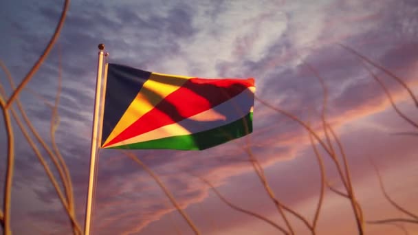 Seychelles Ondeando Bandera Atardecer Amanecer Lenta Movimiento Seychellois Flagpole Muestra — Vídeos de Stock