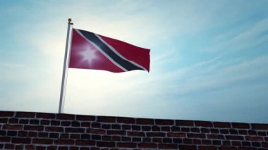 Trinidad ve Tobago bayrağı duvarın üstünde dalgalanır. Askeri onur için Trinidadian vatansever bayrağı - 3D video animasyonu