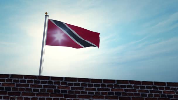 Flaga Trynidadu Tobago Powiewa Maszcie Nad Murem Trynidadzki Sztandar Patriotyczny — Wideo stockowe