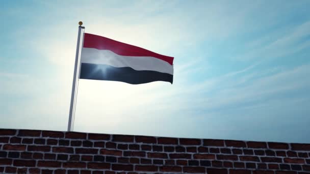 Jemen Bakgrundsbelyst Flagga Viftande Över Väggen Yemen Banner Flyger För — Stockvideo