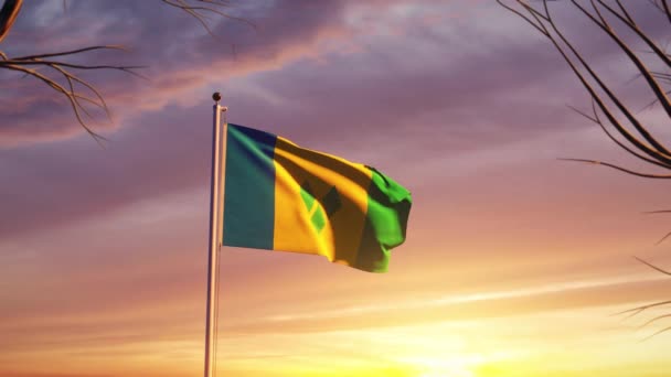 Szent Vincent Naplemente Zászlaját Lengetve Győzelmet Mutat Grenadine Szeles Zászlórúd — Stock videók