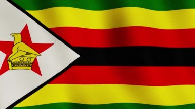 Zimbabwe arka planında tam ekran pankartı sallıyor. Zimbabve 'nin siyasi ülke amblemi ve yavaş çekim sembolü - kusursuz video animasyon döngüsü