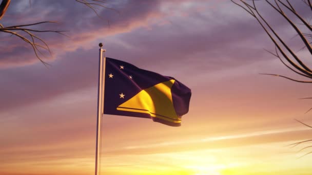 Токелау Махаючи Прапором Заходу Сонця Показує Перемогу Вітряний Флагшток Токелауан — стокове відео