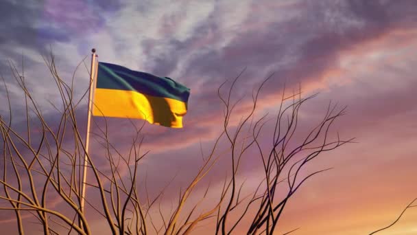 Украинский Флаг Закате Драматического Неба Флагшток Украинского Правительства Демократию Победу — стоковое видео