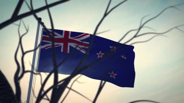 Zélandi Zászló Lobogott Egy Rúdon Napfényben Háttérvilágítás Kiwi Zászlórúd Mutatja — Stock videók