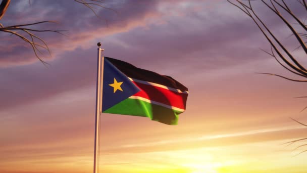 南スーダン日没劇的な空で旗を飛んでいます 民主主義や勝利のためのスーダン政府の旗竿 アニメーション映像 — ストック動画
