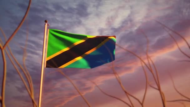 Tanzânia Bandeira Voando Pôr Sol Céu Dramático Flagpole Governo Tanzaniano — Vídeo de Stock