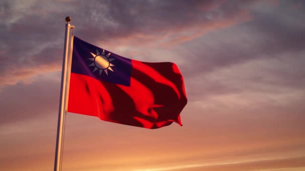台湾的旗杆在日落时分飘扬着自由的旗帜 飘扬国旗的民族自豪感 3D动画 — 图库视频影像
