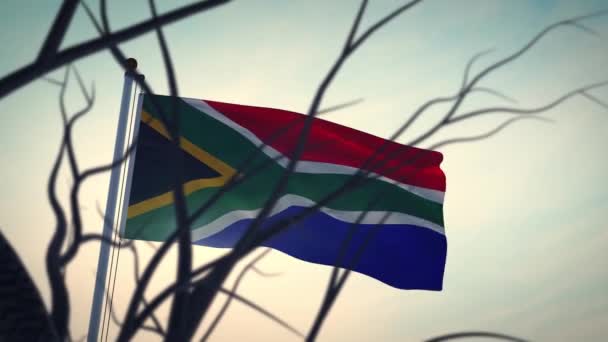 Zuid Afrika Vlag Wapperend Een Paal Zonlicht Verlichte Zuid Afrikaanse — Stockvideo