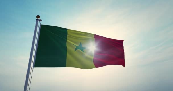 Senegal Flag Flying Backlit Sky Waving Senegalese Emblem Flagpole Sunlight — Stock Video