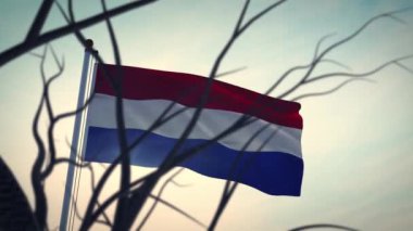 Hollanda dalgalanan ve arka planda kalan ağaçların arasından bayrak sallıyor. Hollanda bayrak direği ülke ve ulusal özgürlüğü temsil ediyor - 3D animasyon