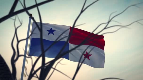 巴拿马国旗飘扬在树木间 摇曳着 背光着 巴拿马旗杆代表国家和民族自由 3D动画 — 图库视频影像