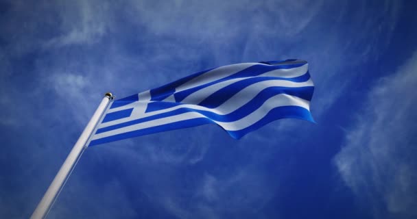 Fahnenmasten Weht Die Griechische Flagge Wind Griechisches Emblem Himmel Zeigt — Stockvideo