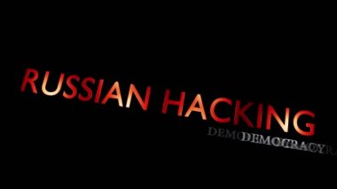Rus hackleme kelime bulutu uluslararası bilgisayar suçlarını gösteriyor. Casusluk ve casus yazılım ya da ddos kullanarak hırsızlık - video animasyonu