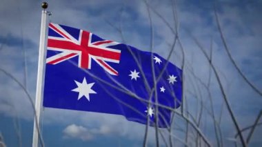 Avustralya 'nın mavi gökyüzünde dalgalanan bayrağı. Ulusal Avustralya bağımsızlığı demokrasi ve gurur gösteriyor - 3D animasyon