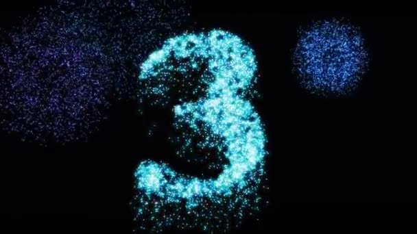 Drie Blauwe Vuurwerk Gloeien Glitter Nummer Brandende Verjaardagsgroet Nachts Animatie — Stockvideo