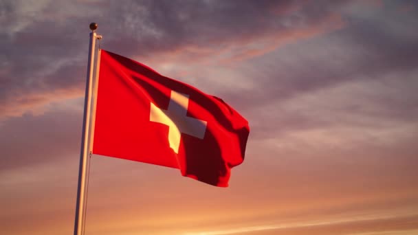 Suiza Ondeando Bandera Atardecer Muestra Democracia Del País Independencia Orgullo — Vídeo de stock