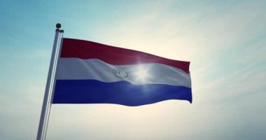 Paraguay bayrağı gökyüzünde dalgalanıyor. Güneş ışığında Paraguay silueti ve bayrak direğini sallamak - 3D video animasyonu