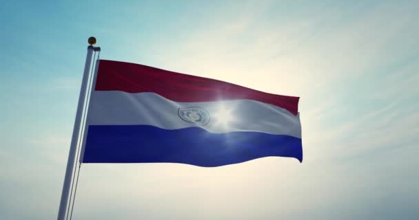 Paraguay Flag Flying Backlit Sky Waving Paraguayan Silhouette Flagpole Sunlight — Stock Video